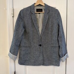 Banana Republic Women's Cotton Linen Blazer Blue Herringbone Sz 8 One Button